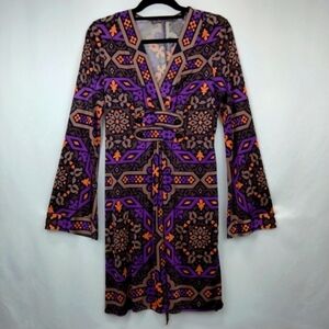 NWOT Hale Bob 100% Silk V-Neck Bell Sleeve Geometric Print KneeLength Dress Sz.M